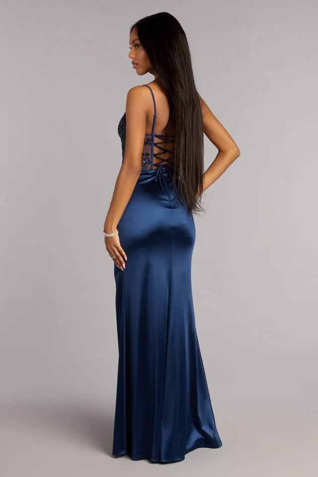 Maura Satin Sequin Corset Formal Dress | Windsor Stores