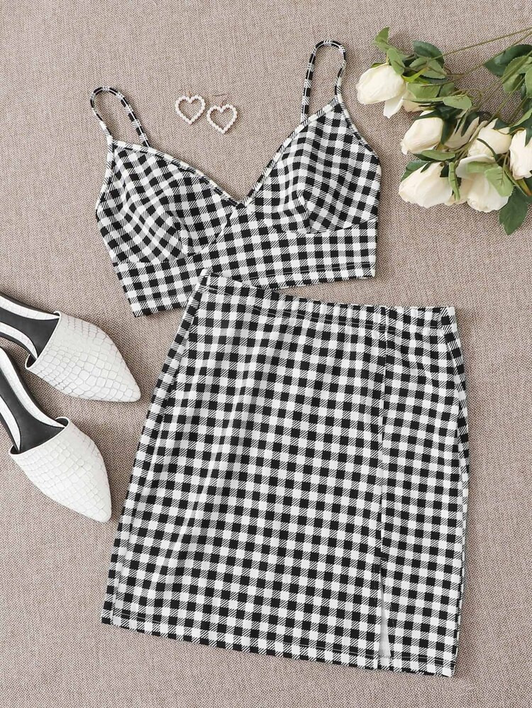 SHEIN Buffalo Plaid Bralette Crop Top and Skirt Set | SHEIN