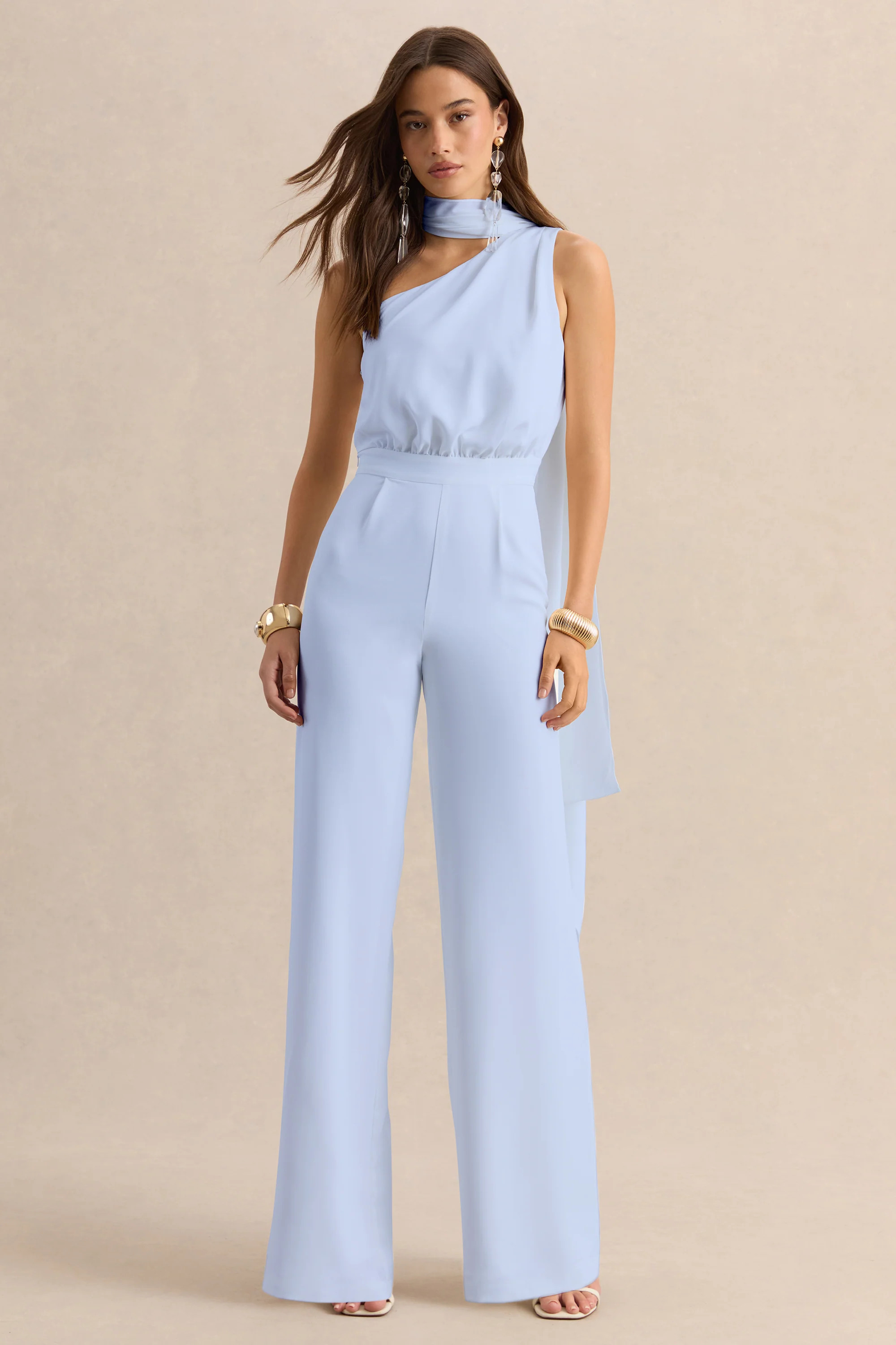 Gliselle | Powder Blue Asymmetric-Neck Jumpsuit With Scarf-Detail | Club L London