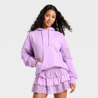 Women's Lace Trim French Terry Hooded Sweatshirt - JoyLab™ Purple L | Target