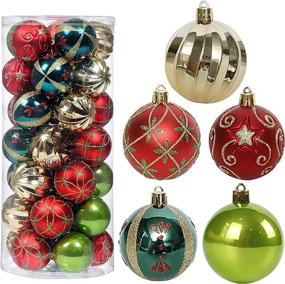 Christmas Tree Ornaments, 30ct Christmas Ball Decoration Set 2.36" Red Green and Gold Christmas B... | Amazon (US)