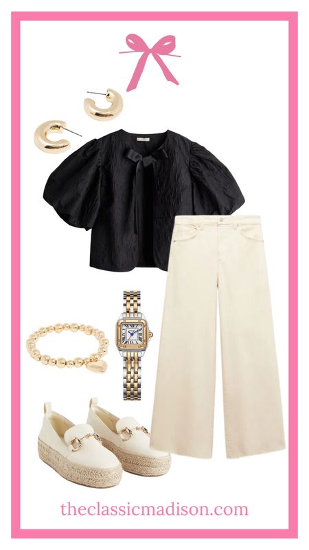 Black puff sleeve bow blouse, off white jeans, canvas espadrille loafer 
