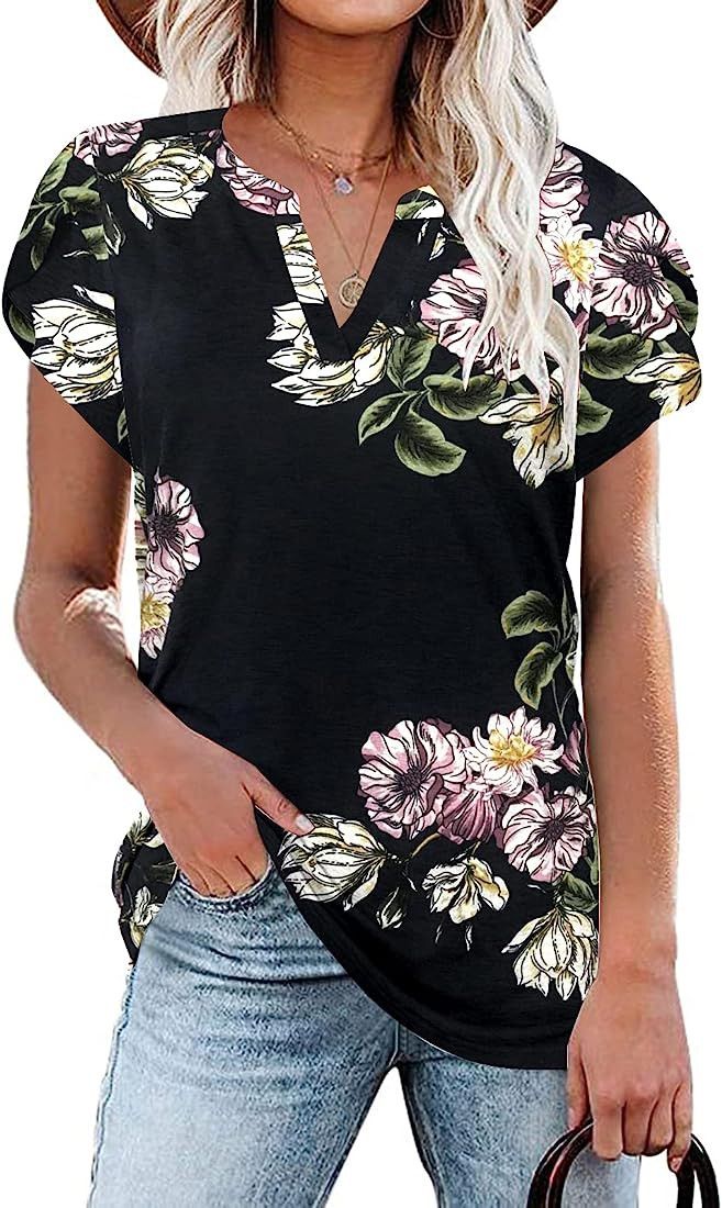 NANYUAYA Womens Tops V Neck Summer Petal Sleeve Shirts Casual Loose Basic Tees | Amazon (US)