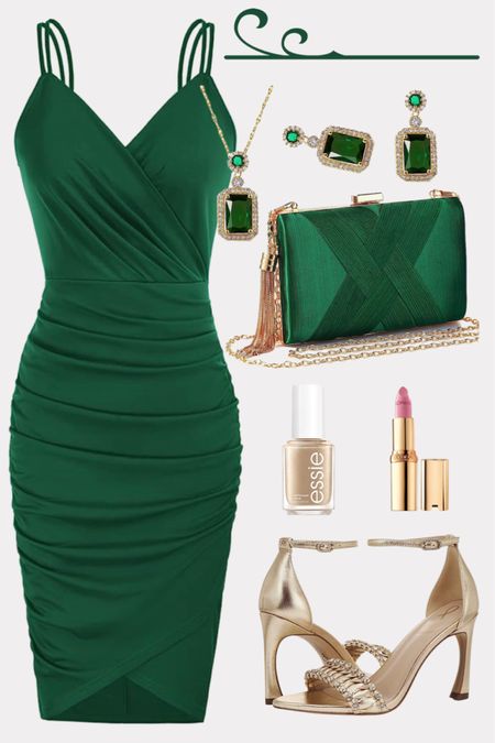 Wedding guest outfit idea in green and gold.

#weddingguestdress #summerdress #cocktaildress #summeroutfit #goldsandals