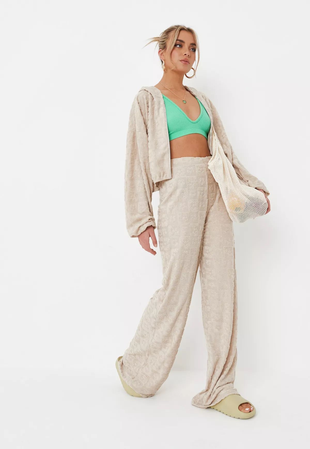 Stone Co Ord Embossed Floral Towelling Wide Leg Pants | Missguided (US & CA)