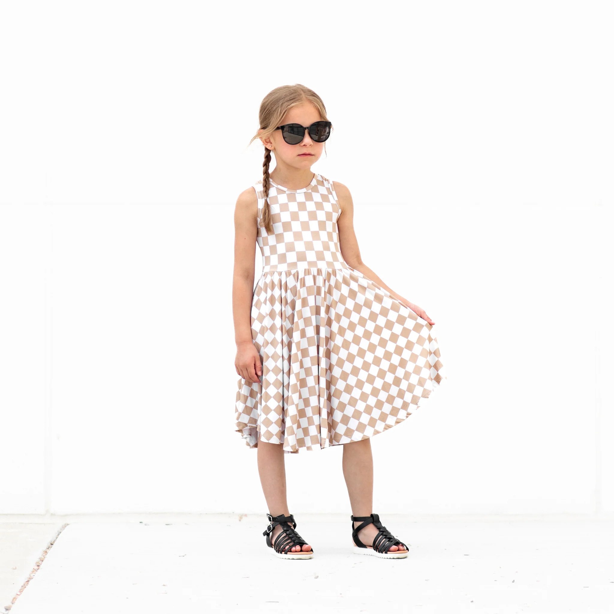 TANK TWIRL DRESS- Tan Check | millie + roo