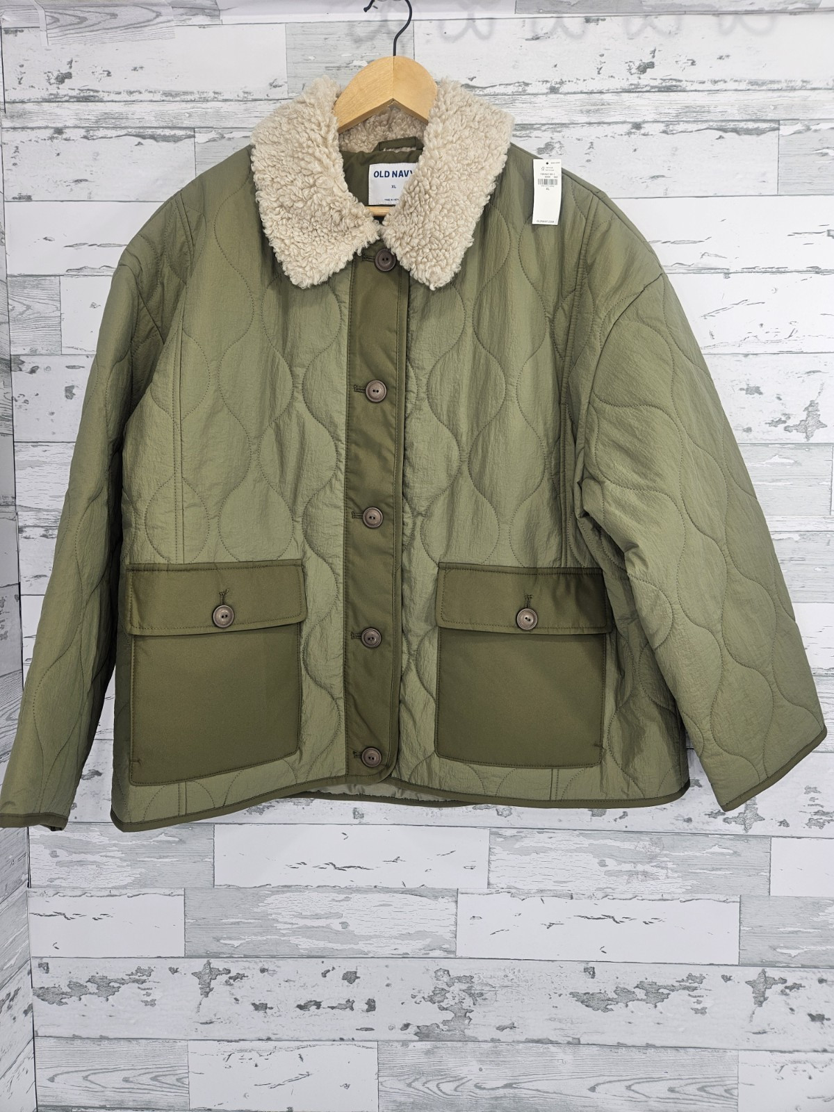 Old Navy Quilted Nylon Jacket Sherpa Collar Olive Green Women XL | eBay US