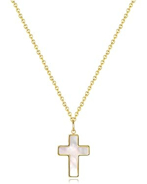 Natural White Shell Cross Pendant Necklace For Women O-Link Chain Titanium Steel Plated with 18K ... | Amazon (US)