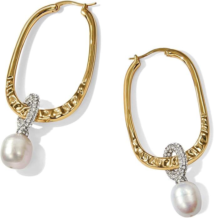 Amazon.com: Pearl Hoop Gold Earrings 18K Gold Plated High Polished Pearl Dangle Hoop Earrings for... | Amazon (US)