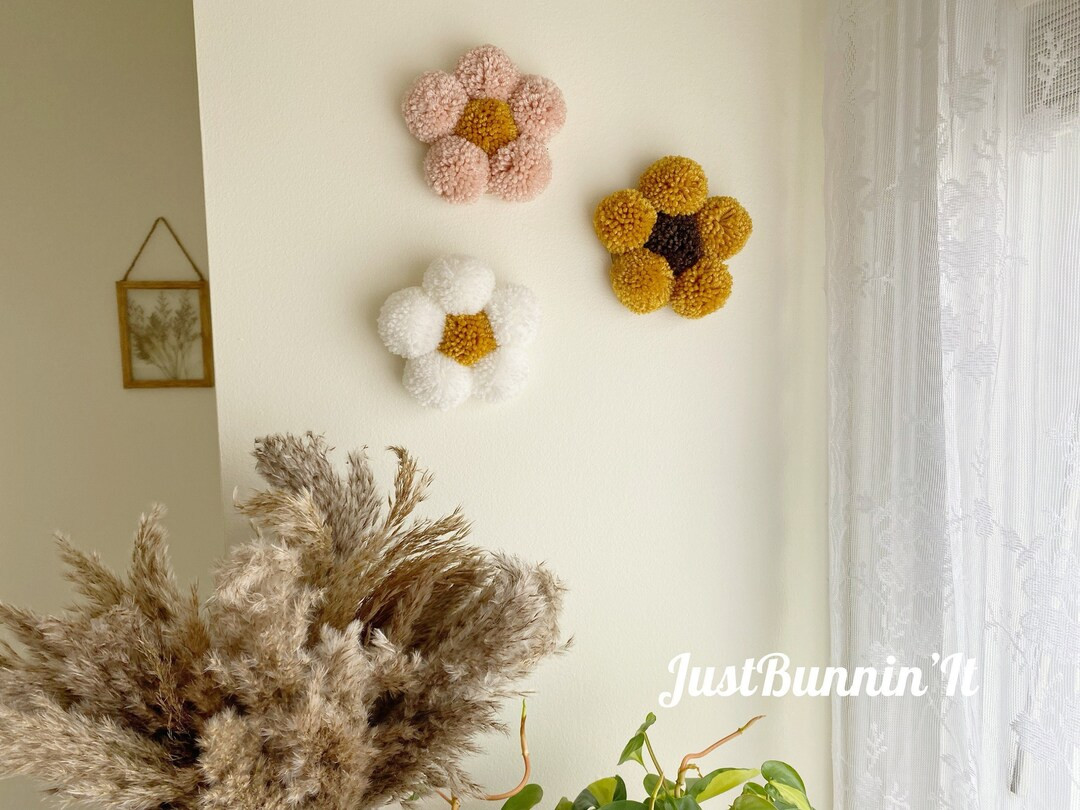 Boho Wall Decor Flowers, Pom Pom Flower Wall Hanging, Cozy Home Decor, 70s Decor, Boho Nursery De... | Etsy (US)