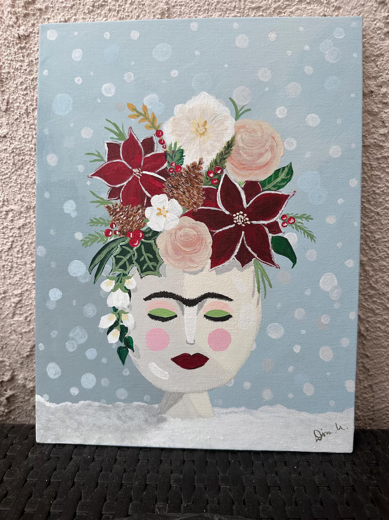 Frida Kahlo winter, snow, inspired floral face vase – Original Acrylic Painting, seasons series... | Etsy (US)