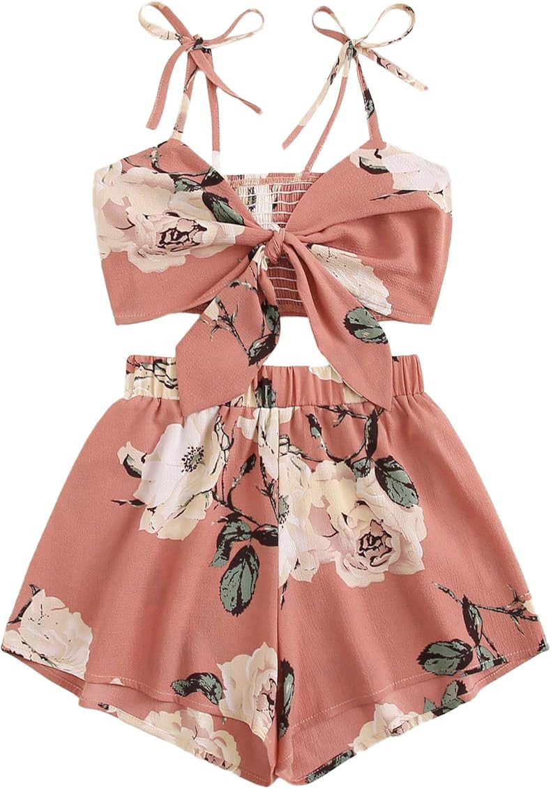 SweatyRocks Women's Boho 2 Piece Outfits Knot Front Crop Top with Shorts Sets | Amazon (US)