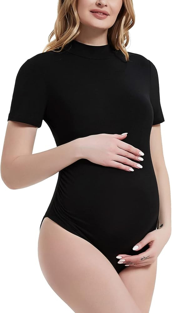 Bhome Mock Neck Maternity Bodysuit for Photoshoot Short Sleeve One Piece Pregnant Tshirt Bodysuit... | Amazon (US)