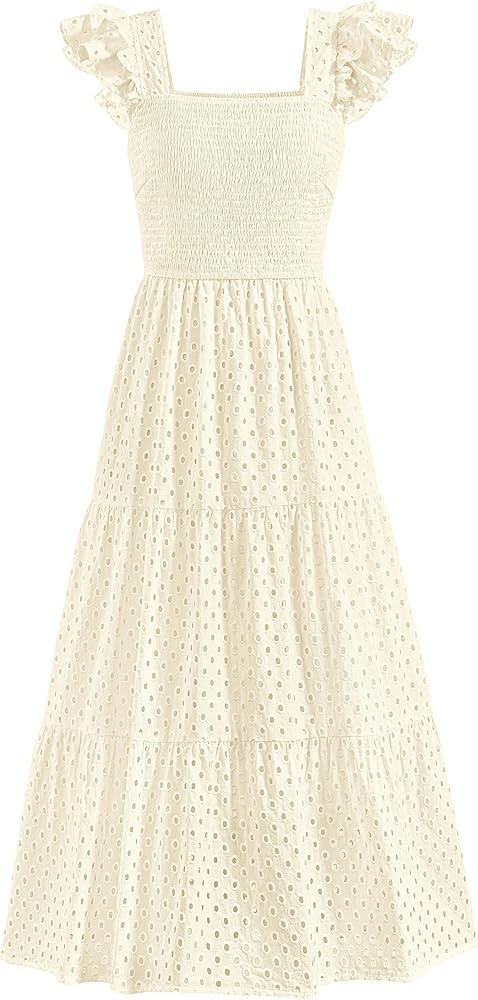 PRETTYGARDEN Womens Summer Square Neck Maxi Dresses Cap Sleeve Eyelet Smocked Tiered A Line Flowy... | Amazon (US)