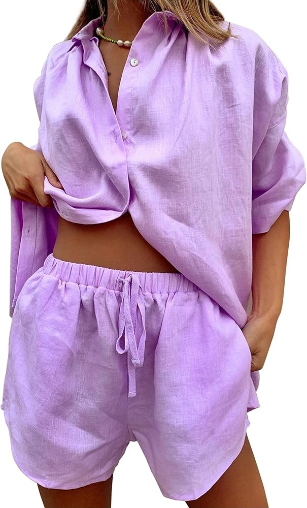 SAFRISIOR Women Loose 2 Pieces Set Outfit Button Down Long Sleeve Shirt And Elastic Shorts Lounge... | Amazon (US)
