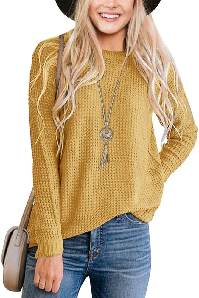 MEROKEETY Women's Long Sleeve Waffle Knit Sweater Crew Neck Solid Color Pullover Jumper Tops | Amazon (US)