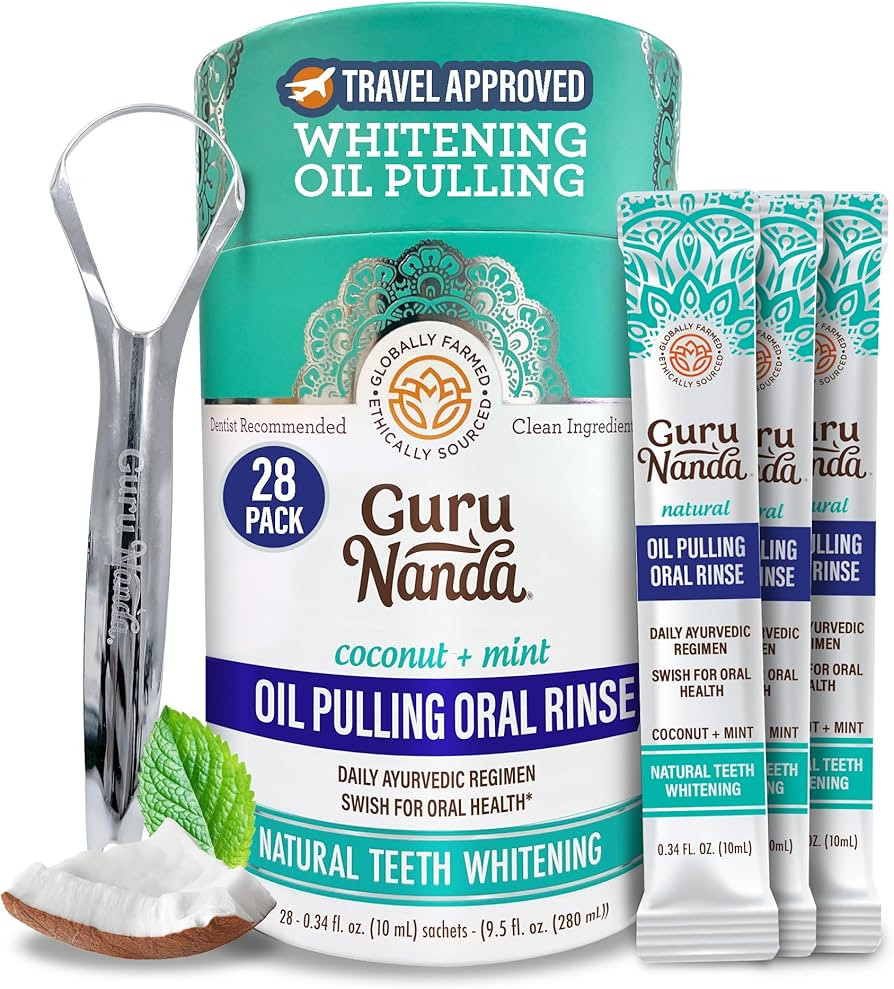 GuruNanda Travel Sachets Coconut Oil Pulling, Fresh Breath & Whitening Mouthwash, 7 Essential Oil... | Amazon (US)