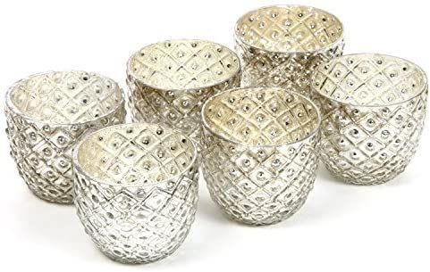 Hosley Set of 6 Metallic Antique Silver Glass Votive Tealight Farmhouse Candle Holder 2.75 Inch D... | Amazon (US)