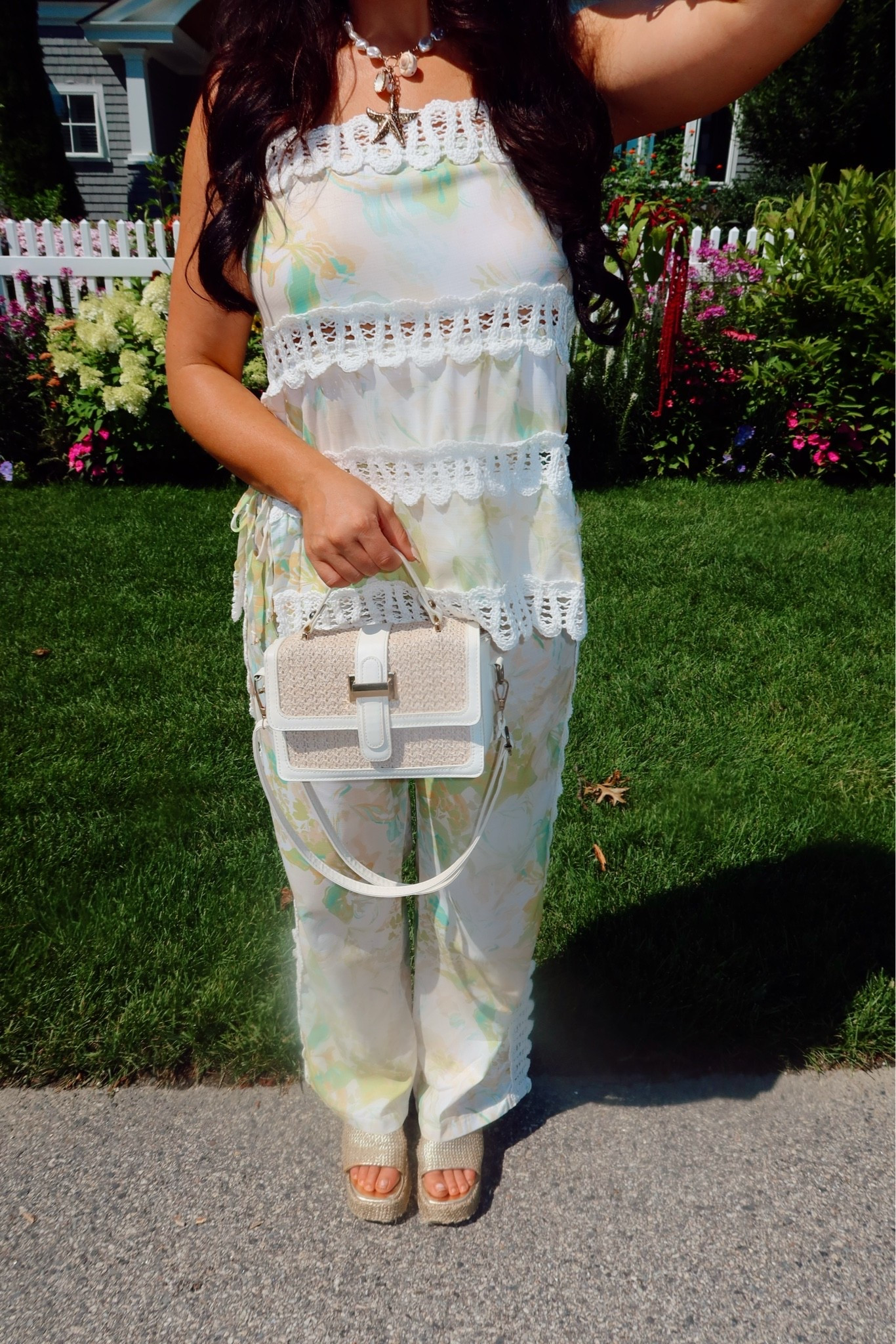 Amazon floral lace pants set (medium), rattan and gold heels (tts), white rattan bag — all Amazon and under $50!

#LTKSaleAlert #LTKootd