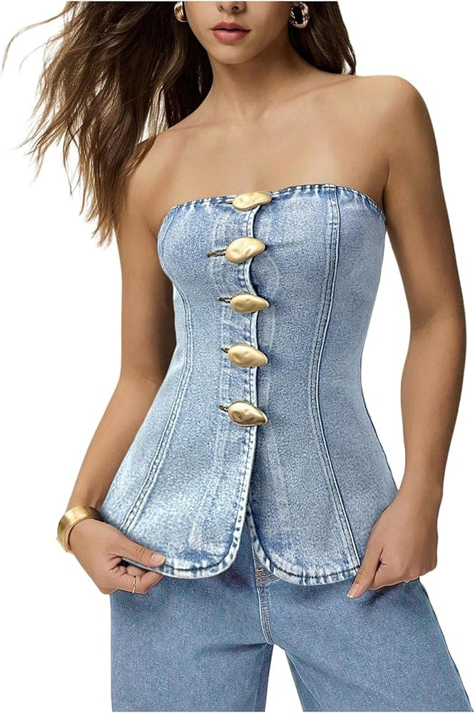 Milumia Women's Metal Button Front Denim Tube Top Elegant Sleeveless Bandeau Tops | Amazon (US)