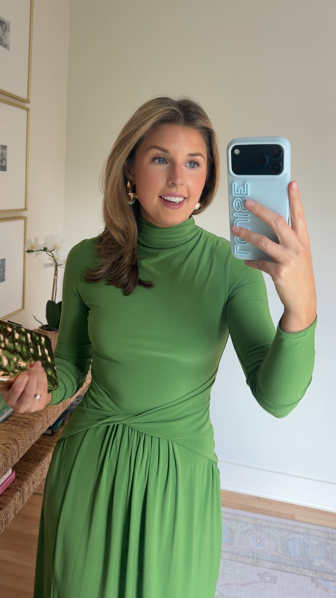 Green maxi dress with sleeves! Wearing a U.S. 4