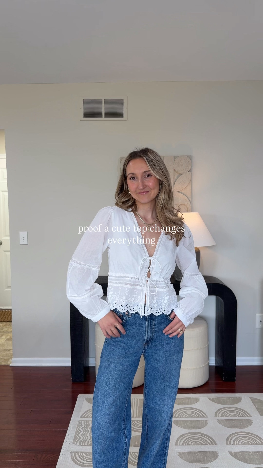 proof a cute top changes everything ✨

wearing one of my favorite easy outfit formulas lately — feminine tops + relaxed denim 🤍 wearing xs in top & 25 in denim