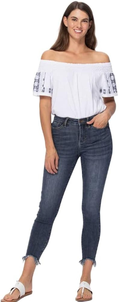 Judy Blue Mid-Rise Shark Bite Hem Skinny Jeans - 88400 (22W) Denim Medium Blue 22 Plus | Amazon (US)