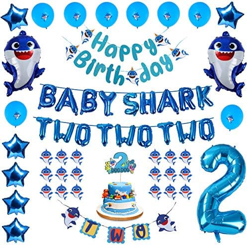 Baby Shark 2nd Birthday Decorations Boy - Blue Baby Shark TWO TWO TWO and Number 2 Foil Balloons ... | Amazon (US)