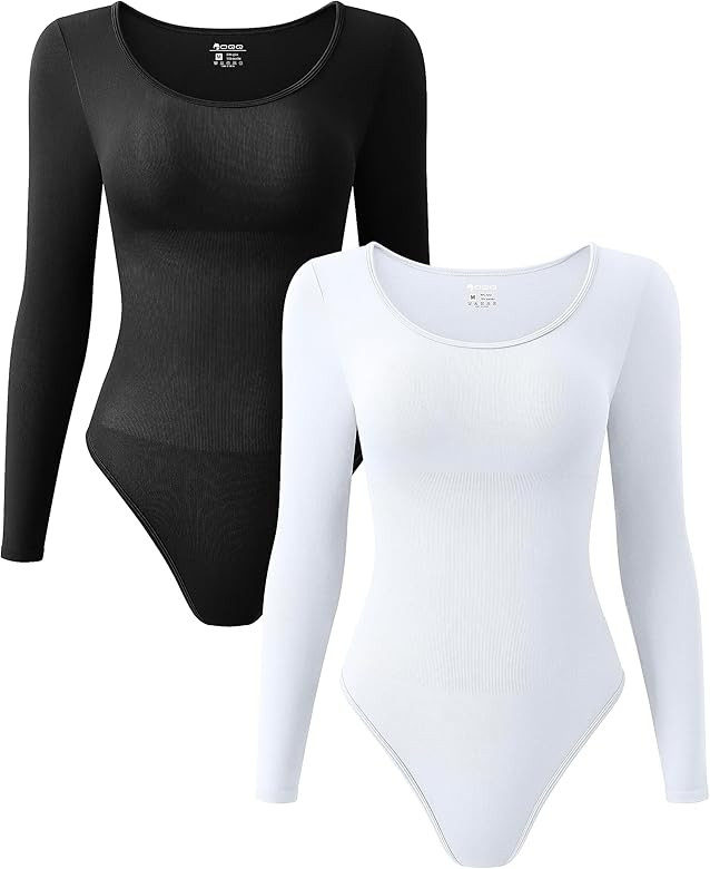 OQQ Women's 2 Piece Bodysuits Sexy Ribbed One Piece Long Sleeve Crew Neck Tops Bodysuits | Amazon (US)