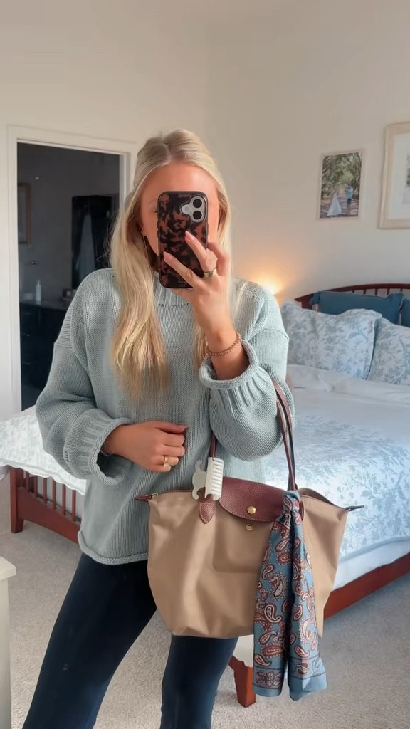 Finally got the jcrew sweater in my size and I’m OBSESSED with this color 🩵 This color bag is sold out so linked similar! 

#LTKootd #LTKActive #LTKTravel