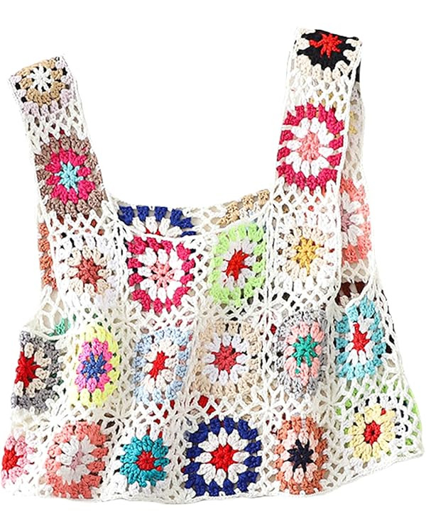 Women's Summer Crochet Tank Top Colorful Floral Embroidery Knit Vest Tops Boho Camisole Beachwear... | Amazon (US)