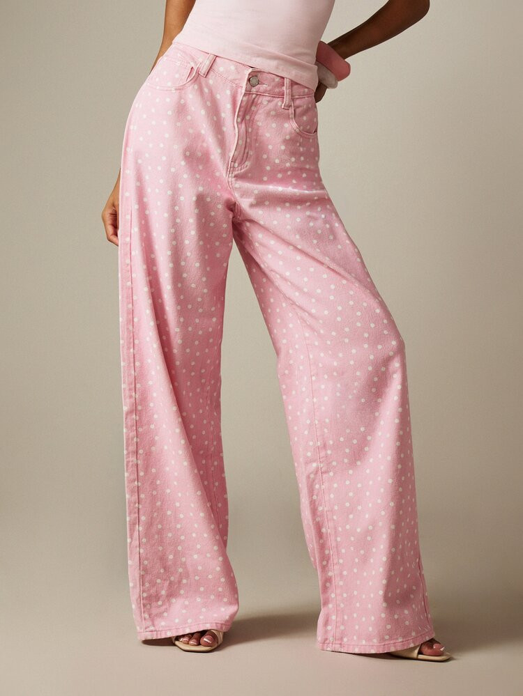MISSGUIDED Mid Rise Polka Dot Wide Leg Baggy Jeans Retro Printed Denim Trousers For Spring Summer... | SHEIN
