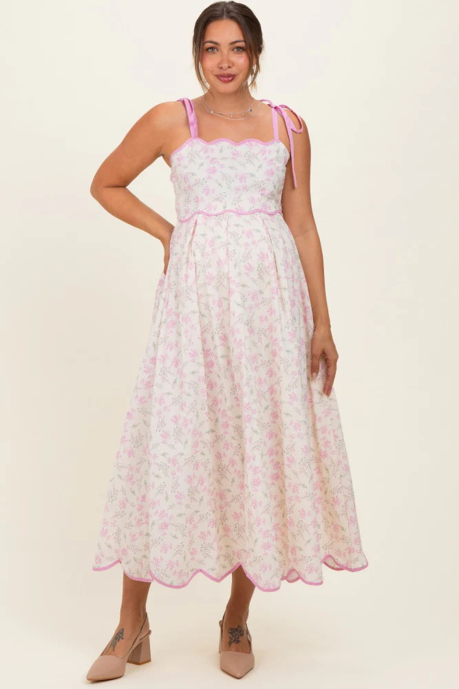 Pink Floral Scallop Hem Shoulder Tie Maternity Midi Dress | PinkBlush Maternity