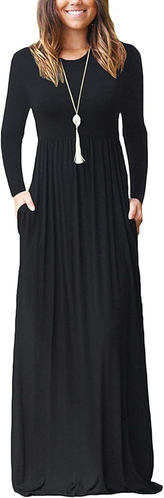 AUSELILY Women Long Sleeve Loose Plain Maxi Dresses Casual Long Dresses with Pockets | Amazon (US)