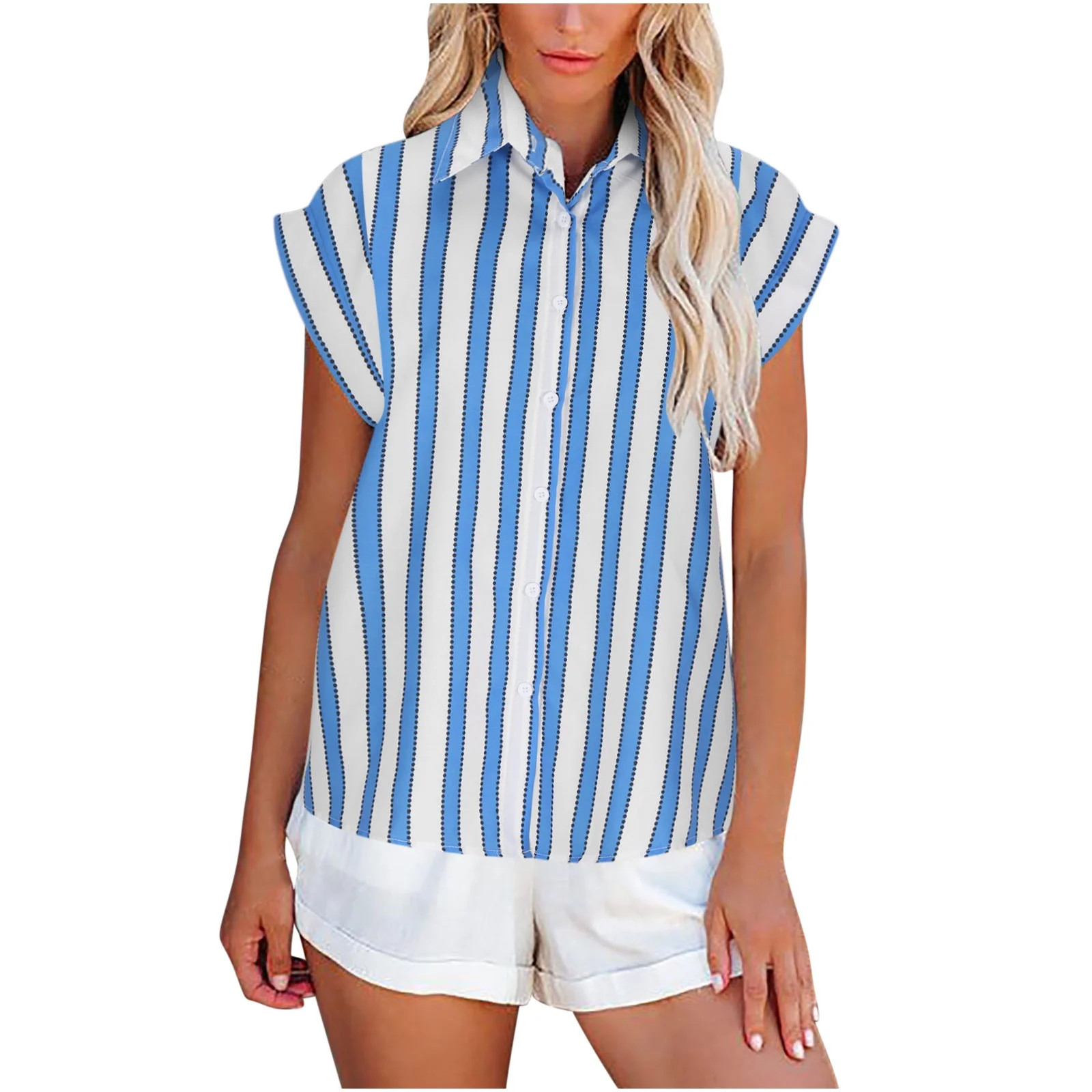 Ruziyoog Women's Tops Striped Single Breasted Cotton Linen Blouse, Short Sleeve Shirt for Shacket... | Walmart (US)