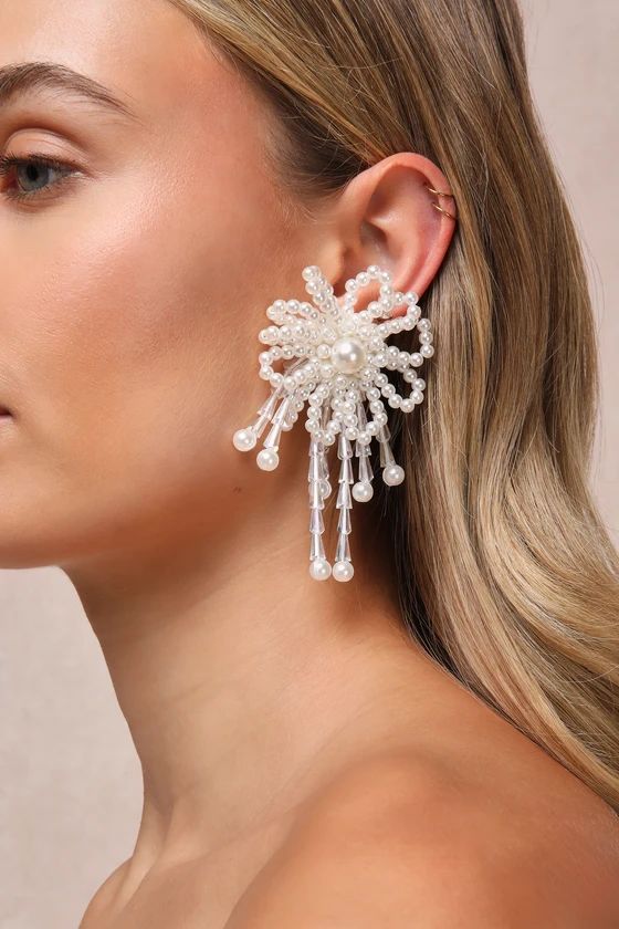 Endless Luxury White Beaded Pearl Flower Statement Earrings | Lulus (US)
