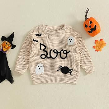 Infant Toddler Baby Boy Girl Halloween Outfit Boo Ghost Embroidery Long Sleeve Knit Pullover Swea... | Amazon (US)