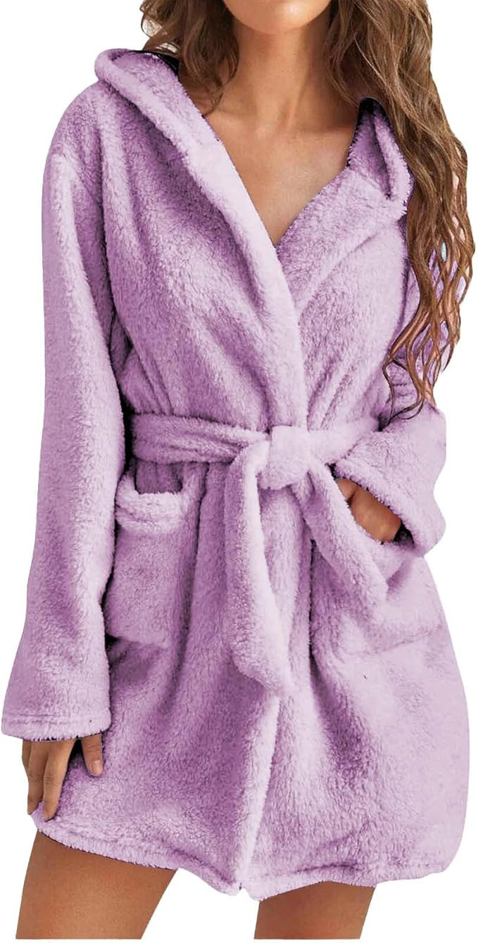 Womens Fuzzy Robe Mid Length Bathrobe Belted Soft Bath Robes Plush Kimono Robe with Pockets Fall ... | Amazon (US)