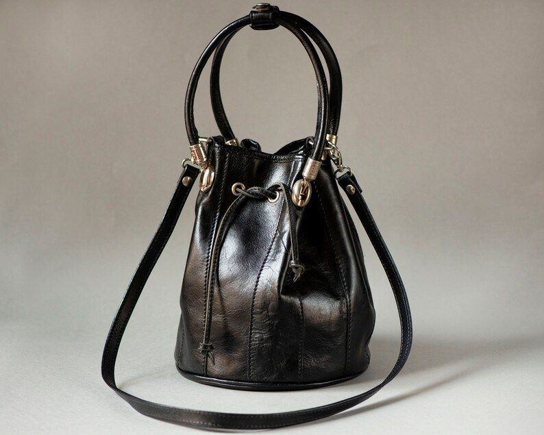 Bucket bag black with drawstring top handles. Genuine leather mid size purse bag. Vintage women c... | Etsy (CAD)