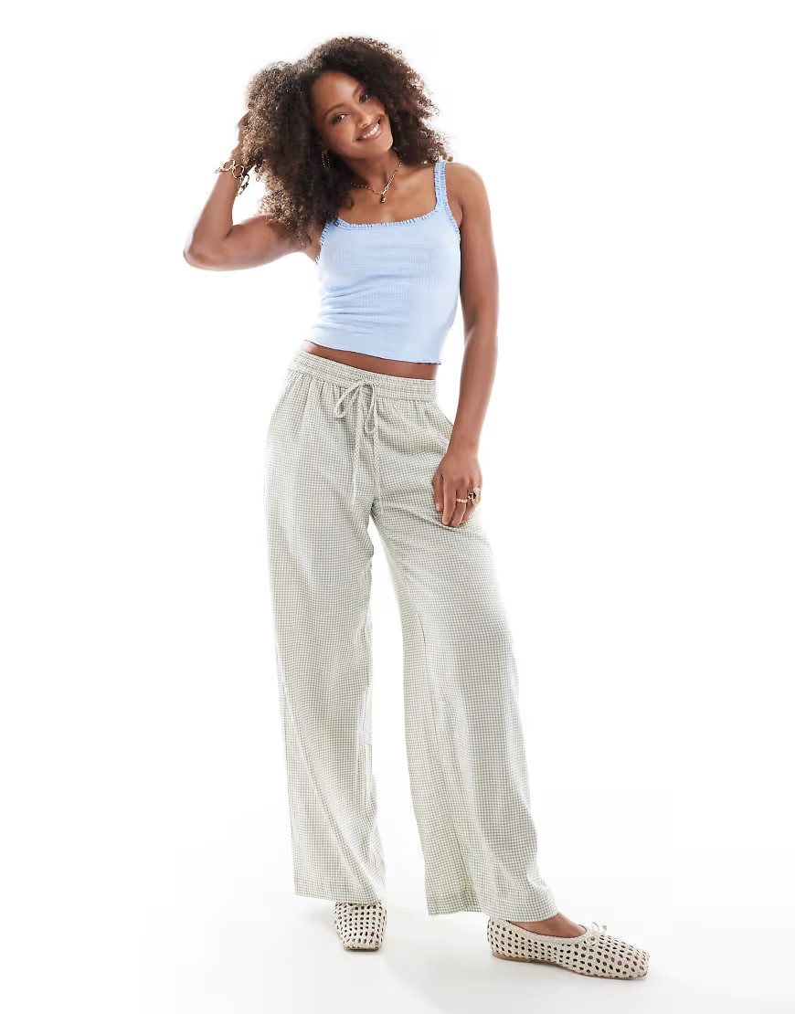 Cotton On 90s haven wide leg linen look trousers in micro green check-Blue | ASOS (Global)