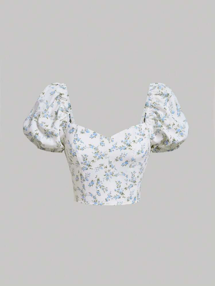 SHEIN MOD Ditsy Floral Print Sweetheart Neck Puff Sleeve Crop Blouse | SHEIN
