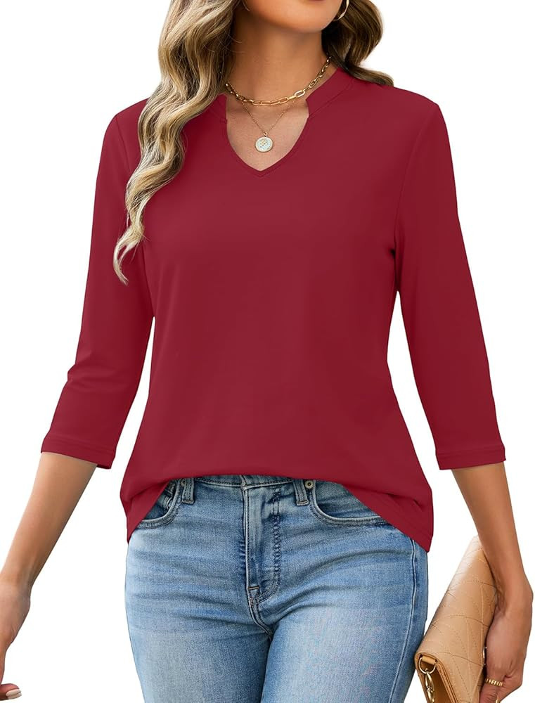 JUSTFASHIONNOW 3/4 Length Sleeve Womens Tops Cotton V Neck T Shirts Basic Casual Tees Blouses | Amazon (US)