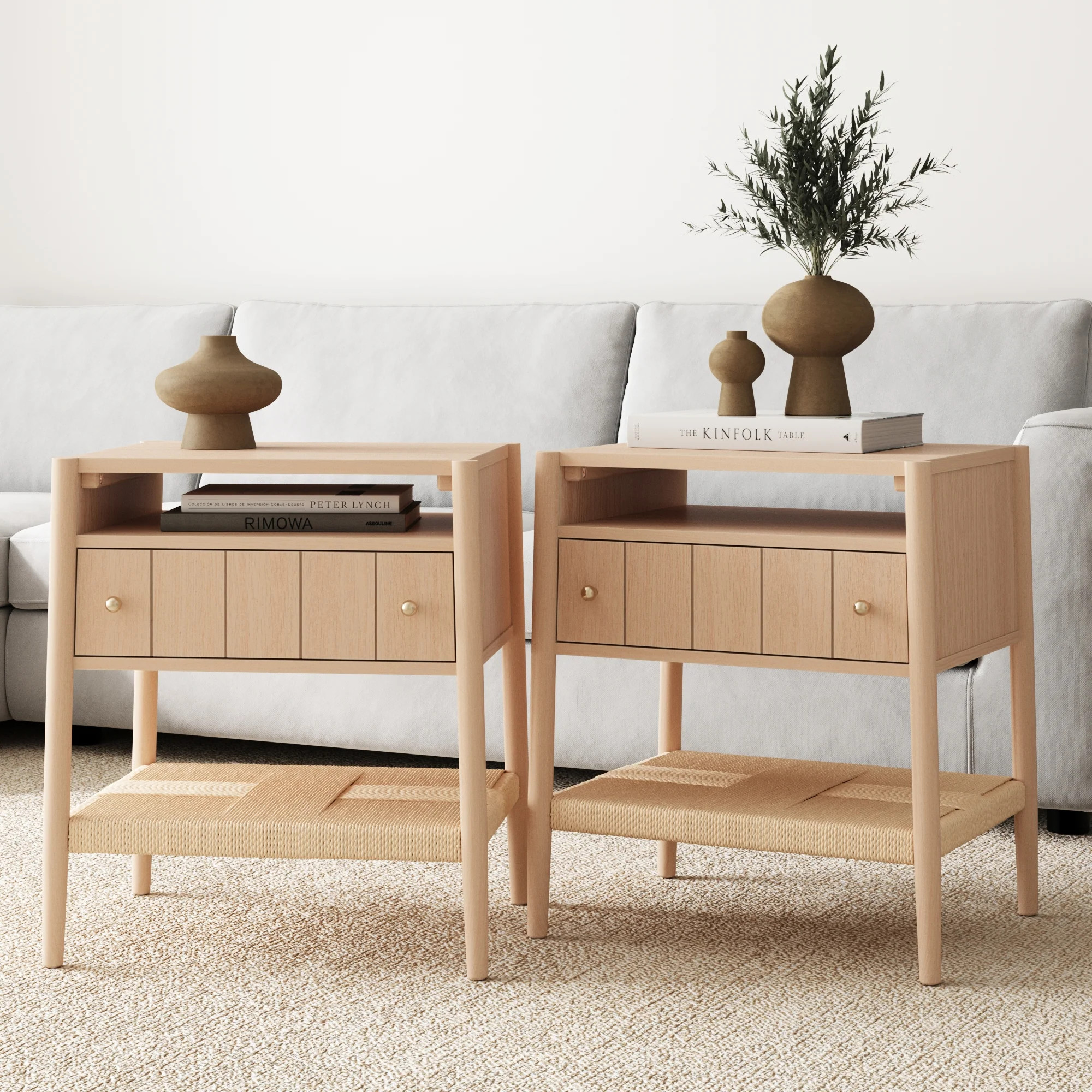 Wood Nightstand with Drawer & Seagrass Storage Raw Oak (Set of 2) | Nathan James