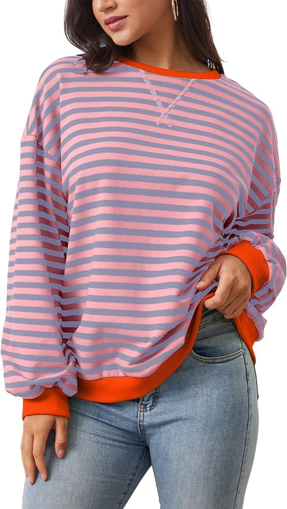 SAFRISIOR Women Oversized Striped Color Block Sweatshirt Round Neck Drop Shoulder Long Sleeve Pul... | Amazon (US)