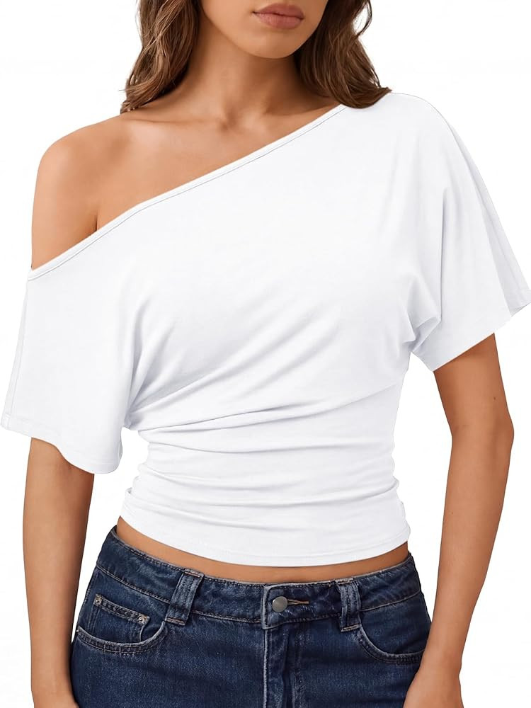 Trendy Queen Off the Shoulder Tops for Women 2026 Summer Cinched Waist Short Sleeve Tops Casual C... | Amazon (US)