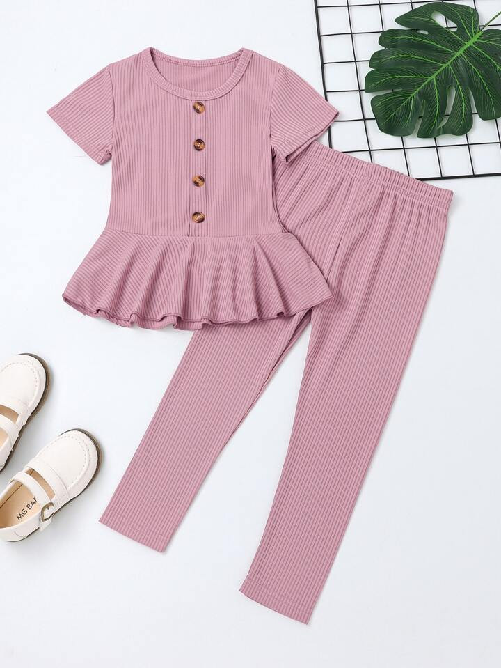 SHEIN Kids EVRYDAY Toddler Girls Rib Knit Fake Button Peplum Tee & Pants | SHEIN