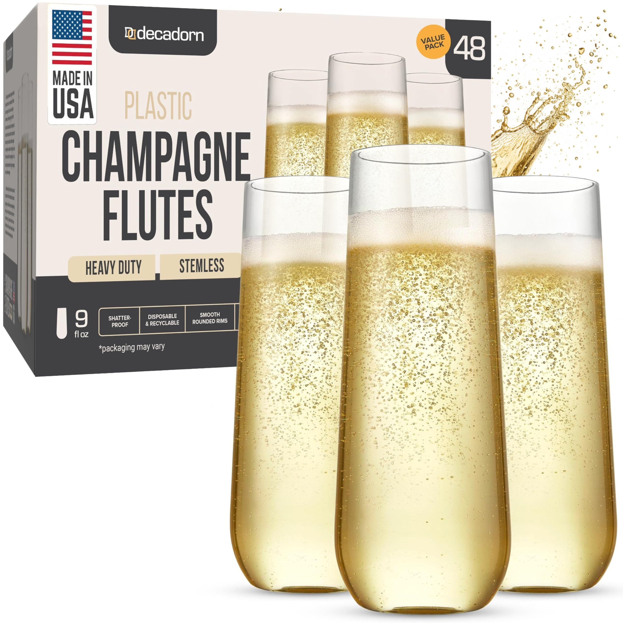 DECADORN Clear Stemless Champagne Flutes Plastic 48 Pack - 9oz Plastic Champagne Glasses - Durabl... | Amazon (US)
