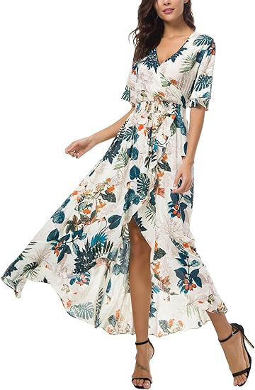 Kormei Womens Short Sleeve Floral High Low V-Neck Flowy Party Long Maxi Dress | Amazon (US)