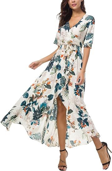 Kormei Womens Short Sleeve Floral High Low V-Neck Flowy Party Long Maxi Dress | Amazon (US)