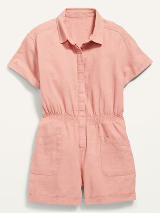 Short-Sleeve Cinched-Waist Linen-Blend Utility Romper for Girls | Old Navy (US)